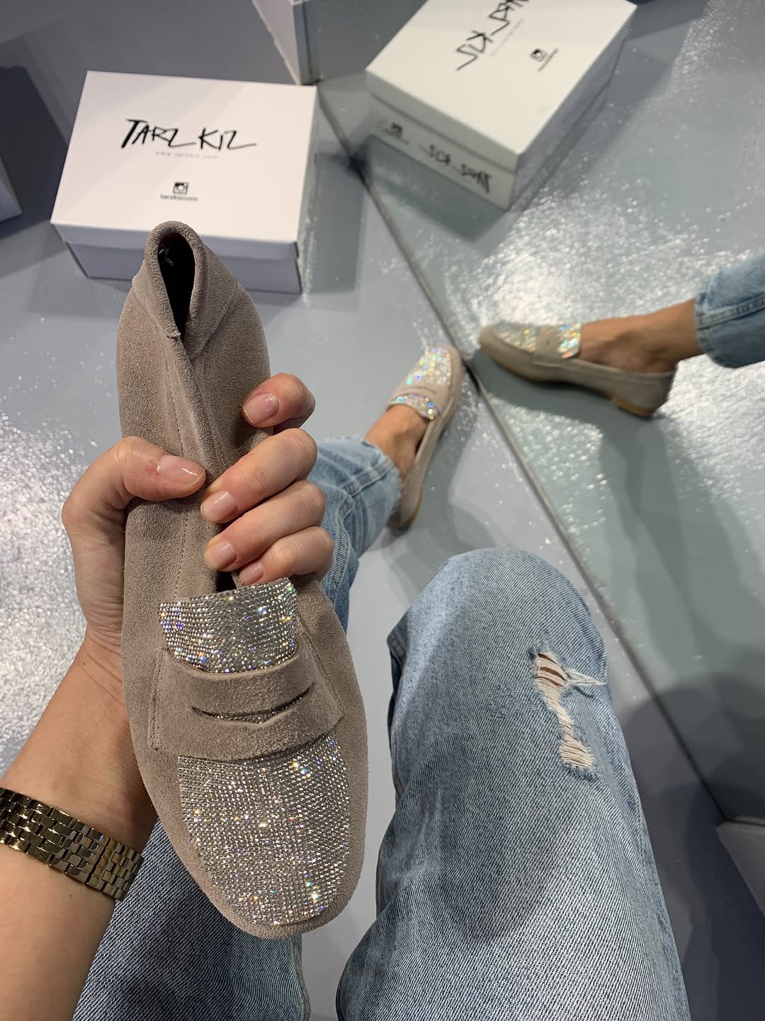 .NEW Rhinestone Genuine Suede Loafers